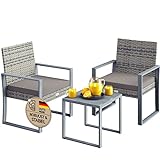 Casaria® Polyrattan Gartenmöbel WPC Tisch 160kg Belastbarkeit 2 Stühle Auflagen höhenverstellbare Füße Wetterfest Terrasse Balkon Möbel Lounge Set Grau