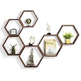 Hexagon Schweberegal Set mit 6 Waben-Wandregalen für Bauernhäuser, Holzdisplay, sechseckige Regale, an der Wand befestigt, rustikale Regale für Schlafzimmer, Wohnzimmer, Flur, Büro, Dekoration, Braun