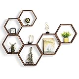 Hexagon Schweberegal Set mit 6 Waben-Wandregalen für Bauernhäuser, Holzdisplay, sechseckige Regale, an der Wand befestigt, rustikale Regale für Schlafzimmer, Wohnzimmer, Flur, Büro, Dekoration, Braun