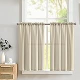 TOPICK Scheibengardine Bistrogardine Leinenoptik Hellbraun Vorhang Fenstervorhang Gardine Gaze Paarig Schals Scheibengardinen Fensterschal für Küche Wohnzimmer Landhaus 2er Set 90Bx60H(cm) Beige