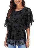 Syphiby Damen Blusen Rüschen 3/4 Ärmel Mesh Damen Tops Chiffon Doppellagige Tunika Tops Lose Flowy Shirts, Schwarz, Large