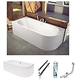 ECOLAM Badewanne Wanne Eckwanne Eckbadewanne für Zwei Modern Design Acryl weiß Avita 170x75 cm LINKS + Schürze Ablaufgarnitur Ab- und Überlauf Automatik Füße Silikon Komplett-Set