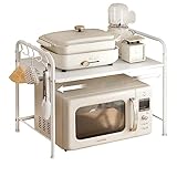 LNGFSH Erweiterbares Mikrowellen Regal 2-stufiges Mikrowellenständer mit Gewürzregal, Utensilienhalter und 5 Haken, Mikrowellenhalter, Küchenregal Stehend, Arbeitsplatte Küche, Weiß