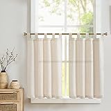 TOPICK Beige Scheibengardine Halbtransparente Bistrogardine mit Schlaufen Küchen Vorhänge Privatsphäre Fenstervorhang Uni Kurzer Gardine Fensterschal für Wohnzimmer Bad Landhaus 2er-Set 70Bx90H(cm)