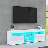 1600mm LED TV Schrank TV Lowboard Modernes Hochglanz TV Ständer Aufbewahrungselement mit 2 Türen & Glasböden Sideboard für Wohnzimmer Schlafzimmer Möbel, Weiß