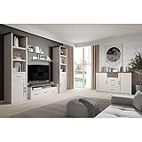 Lomadox Wohnwand Wohnzimmer im Landhausstil in Pinie weiß Nb./Trüffel Eiche Nb, B/H/T: ca. 298/201/43 cm