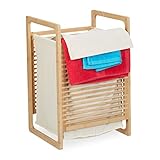 Relaxdays Wäschekorb Bambus, eckig, mit Griffen & Deckel, HBT: 60 x 40 x 35 cm, Wäschebox für Schmutzwäsche, Natur/Creme