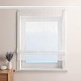 ESLIR Raffrollo Weiß Raffgardine mit Klettband Gardinen Küche Transparent Bändchenrollo Voile Bestickt mit Wellen Muster Weiß BxH 80x140cm 1 Stück