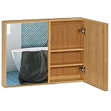 kleankin Spiegelschrank, Wandschrank mit 3 Innenböden, Badspiegelschrank mit Doppeltür, Hängeschrank für Badezimmer, Schlafzimmer, Bambus, Natur, 65,2 x 14 x 50 cm