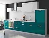 Küche Color 340 cm Küchenzeile Küchenblock Einbauküche in Hochglanz Petrol/Weiss