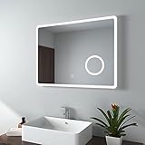 EMKE LED Badspiegel mit Beleuchtung 80x60cm Badezimmerspiegel kaltweiß Lichtspiegel Wandspiegel mit Touchschalter, Beschlagfrei, 3-Fach Schminkspiegel IP44 energiesparend