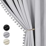 Alishomtll Blickdicht Vorhang, Gardine mit Ösen, Grau Thermovorhang Verdunkelungsvorhang Kälteschutz WärmeIsolierend Lärmschutz Curtain mit Pompons, für Wohnzimmer, H 175 x B 140 cm, 2er Set