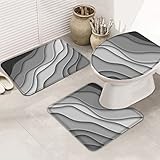 Badematten Set 3 Teilig Abstrakte Geometrie-Kunst-Moderne Ombre-Graue Weiße Ozean-Meereswellen Weiche Contour Badteppich Dekorative Wc-Sitzbezug Badvorleger