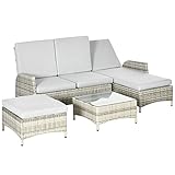 Outsunny 4 TLG. Gartenmöbel-Set, Rattan Sitzgruppe mit Kissen, Sitzgarnitur mit Zweisitzer, Stuhl, Couchtisch, Hocker, Balkonmöbel, Loungemöbel, Alu+Polyester, Hellgrau