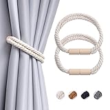 Pretty Jolly 2 Stück Magnetische Vorhang Raffhalter aus Holz, Boho-Dekoration, Raffhalter, handgefertigt, doppeltes Baumwollseil, Vorhanghalter für Zuhause und Büro, Fenstervorhänge (Beige)