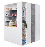 Furniture24 Eckkleiderschrank Sigma SI - 1 Garderobenschrank, Schrank, Garderobe, Begehbarer Kleiderschrank mit Beleuchtung, Kleiderstange und Schubladen (Weiß Lux/Beton)