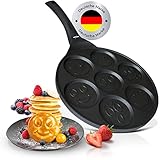 endusor Pancake Pfanne Kinder mit Smiley - Spiegeleipfanne Motiv Ø26cm mit [PowerShield]-Beschichtung | Induktion Ceran Gas Elektro | 7x mini Form Maker Eierpfanne für Pancakes Spiegelei Poffertjes