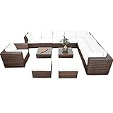 XXXL Rattan Lounge Set erweiterbar - Polyrattan Ecksofa Set XXXL - braun-mix – Garnitur Gartenmöbel Sitzgruppe Lounge Möbel - Gartenlounge Set inkl. Lounge Ecke + Sessel + Hocker + Tisch + Kissen