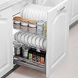 GRFIT Robustes ausziehbares Gewürzregal aus Edelstahl 304, Küchenschrank, Geschirrkorb mit Ablaufwanne, Dämpfungsführung für Küchenunterschrank, Speisekammer, ausziehbarer Schrank-Organizer