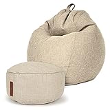 Green Bean© 2er Set Indoor XXL Sitzsack + Hocker mit EPS-Perlen Füllung - Fußhocker Fußkissen Sitz-Pouf Bodenkissen Liegekissen Sitzkissen Lounge Chair Sitzhocker Relax-Sessel Bean Bag Sand Creme