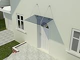 Vordach für Haustür Zugstreben, 200 x 120 cm, Glasvordach Edelstahl Hauseingang - Überdachung aus Sicherheitsglas VSG Glasdach für Türüberdachung und Kellerüberdachung - Pultvordach - Haustürvordach