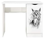 Leomark Weiß Kinderschreibtisch - Roma - Gemütlich Schreibtisch für Kinder mit Regal, Möbel für Kinderzimmer, Höhe: 77 cm (UV-Druck: Pferdeporträt)