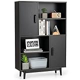 COSTWAY Bücherschrank mit 2 Türen und 4 offene Regale, Bücherregal Holz, Standregal Holzregal Aufbewahrungsregal für Wohnzimmer, Arbeitszimmer 80x24x120cm (Schwarz)