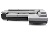 BETTSO -Ecksofa mit Schlaffunktion und Bettkasten, Couch für Wohnzimmer, Schlafsofa Sofagarnitur Sofa Eckcouch L-Form Wohnlandschaft mit Bettfunktion (270x85x200cm) Venus Hellgrau+Schwarz Rechts