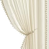 Treatmentex Boho Gardinen mit Pompons Gardinen Ösen 140 cm Breite Transparent Gardinen mit Quasten Gardinen Voile Ösenschal Dekoschal für Wohnzimmer Schlafzimmer,2 Stücke(140 x 225 cm,Beige)