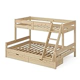 VitaliSpa Hochbett Kinderbett Spielbett Everest modern Massivholz Kinderzimmer Bett Lattenrost Bettleiter Kletterbett Doppelbett Geschwisterbett (Natur, 140x200 cm mit Schubladen)