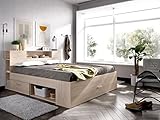 Vente-unique - Bett mit Stauraum & Schubladen + Lattenrost + Matratze - 140 x 190 cm - Naturfarben - Leandre
