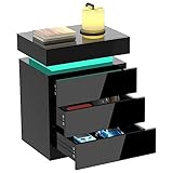 Hochglanz Nachttisch mit RGB Led Licht 3 Schubladen Nachtschrank Holz Flip-Top-Nachttische Beistelltisch Organizer Einheit Sofatisch Schwarz Nachtkästchen für Schlafzimmer Wohnzimmer, 45x35x61cm