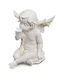 Engel Figur sitzend aus Polystein weiß 13 cm groß, schöne Deko Statue Schutzengel mit Handkuss Geste, ein ganz persönlicher Beschützer