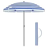 SONGMICS Sonnenschirm für Strand, Ø 160 cm, Gartenschirm, UV-Schutz bis UPF 50+, knickbar, tragbar, Schirmrippen aus Glasfaser, blau-weiß gestreift GPU60WU
