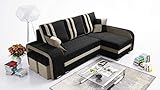 Robin York Ecksofa mit Schlaffunktion 2X Bettkasten 2X Kleine Kissen 2X Hocker Sofa L-Form Schlafsofa Freistehende Eckcouch Schlafcouch Wohnzimmermöbel Wohnlandschaft Rechts Schwarz Beige