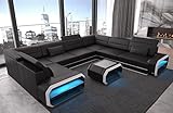 Wohnlandschaft Verona Ledersofa U Form Sofa - mit LED Beleuchtung, verstellbare Kopfstützen/Lederfarben wählbar/Ausrichtung wählbar (Lange Seite rechts, Schwarz-Weiß)
