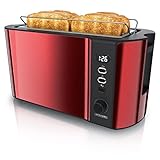 Arendo - Edelstahl Toaster Langschlitz 4 Scheiben - Defrost Funktion - wärmeisolierendes Gehäuse - mit integrierten Brötchenaufsatz - 1500W - Krümelschublade - Display mit Restzeitanzeige - Kaminrot