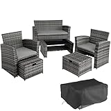 TecTake Polyrattan Garten Sitzgruppe für 4 Personen mit Hocker, Rattan Gartenmöbel Set mit eingebauter Auflagenbox in der Sitzbank, Garten und Balkon Möbel - grau