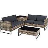 TecTake Polyrattan Lounge Sitzgruppe, 4-TLG. Gartenmöbel Set mit Sofa Tisch und Aufbewahrungsbox, Tisch mit Glasplatte, für Garten Balkon Terrasse, inkl. Sitz- und Rückenkissen (Natur | Nr. 404302)