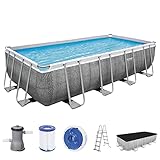 Bestway Power Steel Frame Pool Komplett-Set mit Filterpumpe 488 x 244 x 122 cm, Rattan-Optik (Schiefergrau), eckig