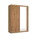 BETTSO -Schwebetürenschrank 150 cm mit Spiegel, Gerillte Fronten Kleiderschrank mit Kleiderstange und Einlegeboden Schlafzimmer- Schiebetüren-Lay 150 Wotan+Wotan Lamelen