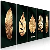 murando - Bilder goldene Blätter 150x60 cm Vlies Leinwandbild 5 Teilig Kunstdruck modern Wandbilder XXL Wanddekoration Design Wand Bild - Natur Pflanze Zweige golden flaschengrün b-A-0905-b-m