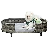 Pawhut Hundesofa Rattan Haustiersofa mit Kissen Hundebett Hundekorb Katzensofa Hundekörbchen für kleine und mittelgroße Hunde erhöhtes Design Braun+Grau 74 x 42 x 21 cm