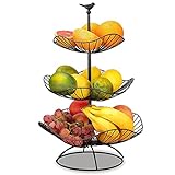 Fouvin Obst Etagere 3 Stöckig Obstkorb Schwarz Obstschale für Mehr Platz auf der Arbeitsplatte - Hält Obst & Gemüse Frisch - Metall Obstständer mit 3 Aufbewahrungsschalen Größe: 31cm 25cm 20cm