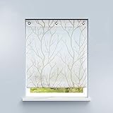 HongYa Raffrollo ohne Bohren Transparente Raffgardine Voile Ösenrollo Küche Kleinfenster Gardine mit Hakenösen Äste Muster H/B 140/100 cm Weiß Sand