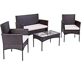 Gartenmöbel Set Rattan für 4 Personen, Outdoor-Wohnzimmer aus Rattan mit Tisch und Stühlen aus Rattan, Sofa für 2 Personen, 2 Einzelsessel, Tisch aus gehärtetem Glas, (4-teiliges)