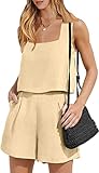 Yeooa Damen 2 Stück Leinen quadratischen Ausschnitt Mantel Neun Shorts Casual Set 2023 Mode Strand Sommer Shorts Set Plunge Top Tank Top und Leinen Shorts Jumpsuit (Aprikose,XXL)