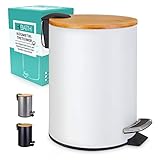 HIBATH® Kosmetikeimer mit Bambusdeckel - Badezimmer Mülleimer mit softclose Absenkautomatik - hochwertiger Badmülleimer – Bad Mülleimer – Abfalleimer Treteimer WC Eimer (5 Liter, weiß)