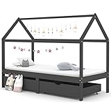 BULANED Babybett mit Schublade, Bett, Bettgestell, Jugendbett, Schlafzimmer Bett, Schlafzimmer Komplett, Bed Fram,n Dunkelgrau Massivholz Kiefer 90x200cm
