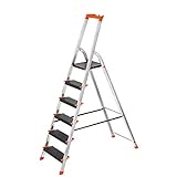 SONGMICS Leiter mit 6 Stufen, Aluleiter, 12 cm breite Stufen mit Riffelung, Anti-Rutsch-Füße, mit Handlauf, Werkzeugschale, bis 150 kg belastbar, schwarz-orange GLT06BK
